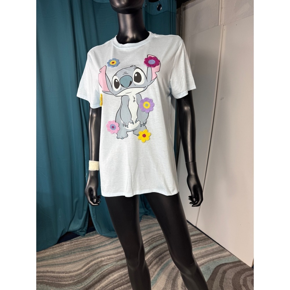 Disney Stitch Flower T-Shirt Womens Blue‎ Graphic Crew Neck Short Sleeve